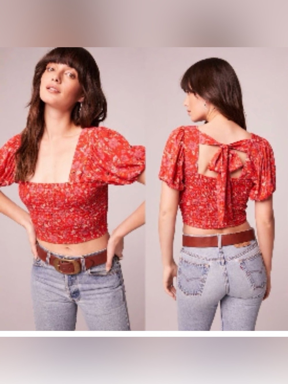 Band of the Free Joelle Crimson Red Pink Floral Square Neck Smocked Crop Top L